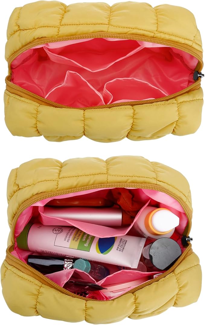 E-Tree Cute Makeup Bag,Quilted Cosmetic Bag,Make up Pouch for Purse,Toiletry Zipper Pouch,Checkered Bag,Travel Case,Storage Pouches for Organization (Yellow)