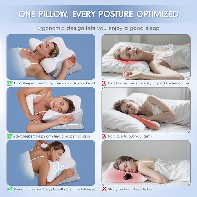 Cervical Neck Pillow, Memory Foam Pillows for Neck and Shoulder Pain Relief, 2 Heights Ergonomic Pillow with Breathable Ice Silk Cover, Neck Support Pillow for Side Sleepers White
