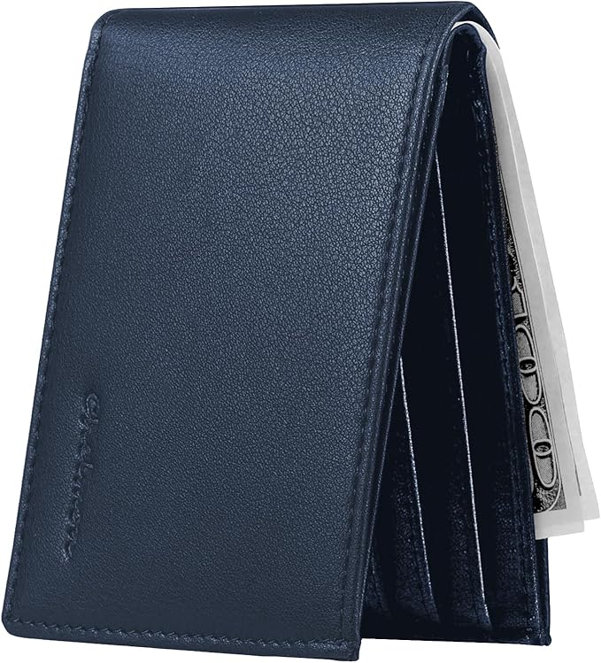 Chelmon Slim Wallet for Men ID Window with RFID Blocking Front Pocket Minimalist Bifold Bussiness Card Holder Gift for Men, Dark Blue