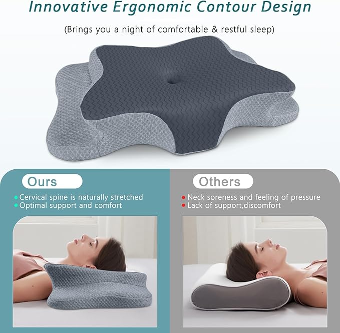 Cervical Pillow for Neck Pain Relief, Memory Foam Pillows, Ergonomic Contour Bed Pillow, Soft for Side Sleep Stomach Sleeping and Back Sleepers-Queen Size Grey&Grey