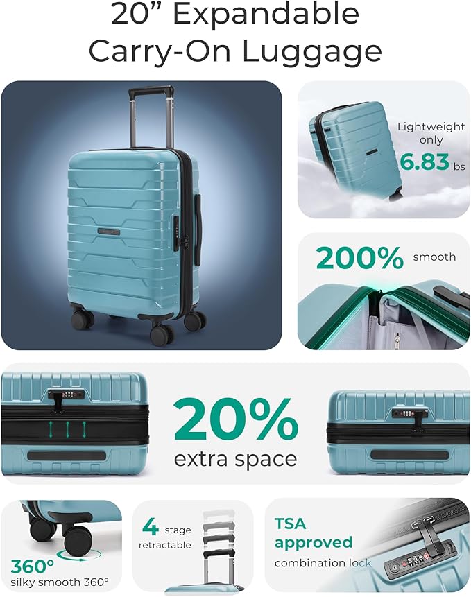 BAGSMART Carry On Luggage 22x14x9 Airline Approved with Spinner Wheels,Lightweight 20 Inch Luggage with TSA Lock,Expandable Hard Shell Carry On Suitcases for Men Women,Teal Blue