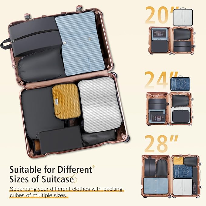 8 Set Packing Cubes for Travel Essentials, Organizers for Suitcase and Luggage in 4 Sizes, Luggage Organizer with Toiletries/Laundry/Shoes/Sock Bags (Grey)