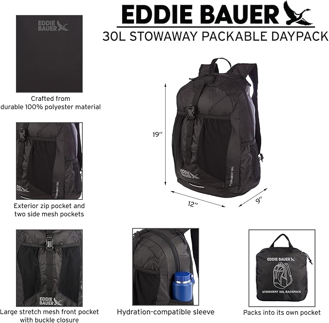Eddie Bauer Stowaway Packable Backpack | Travel | Outdoor | Lightweight | Foldable | Durable | Ripstop Polyester | 30L - Field Gold