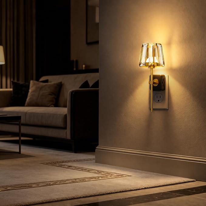LED Night Lights Plug into Wall, Decorative Crystal Nightlights | Night Light 180° Rotating Plug in，Dusk to Dawn Sensor,0-100LM Dimmable, Crystal Wall Sconces for Bedroom Hallway Living Room
