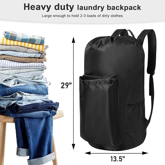 Polecasa Extra Heavy Duty Large Backpack Laundry Bag with Comfortable Padded Shoulder Straps & 4 Pockets, Drawstring bag for Dorm, College, Travel, Black