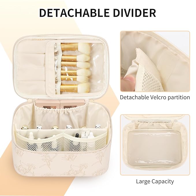 OCHEAL Makeup Bag for Women - Travel Cosmetic Organizer with Brush Slot & Divider, Large Capacity Toiletry Bag for Girls, Travel Makeup Case for everyday Make up Accessories -Beige floral