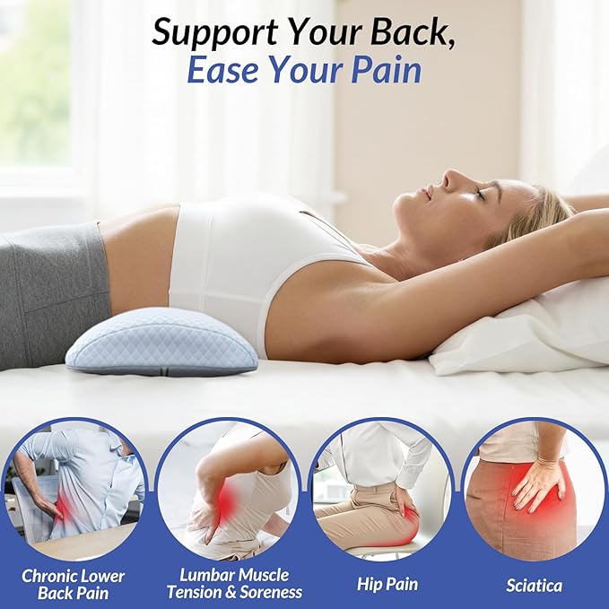 ZIKEE Inflatable Lumbar Support Pillow for Bed with Customized Lower Back Pain Relief & Support, Memory Foam Back Support for Side & Back Sleeping, Bed Pillow for Driving, Resting, Breathable Cover