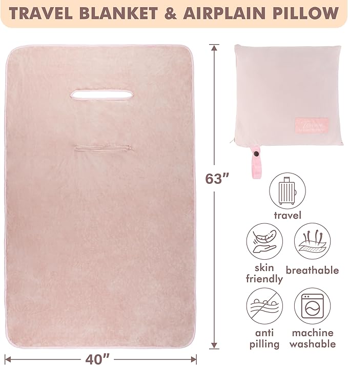 Tirrinia Travel Blanket Airplane Office Poncho 4 in 1 Premium Cozy Fleece Portable Poncho Blankets with Built-in Bag, Pocket