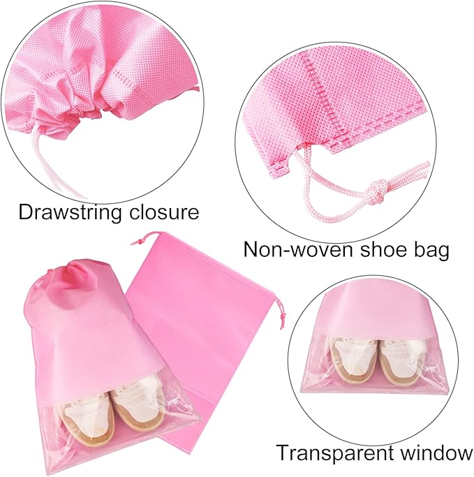 6 Pcs Travel Shoe Bags, ULIFEMALL Large Non-Woven Drawstring Shoes Storage Bag with Transparent Slot Clear Window Portable Waterproof Dustproof Shoes Pouch Packing Organizer for Men Women, Pink