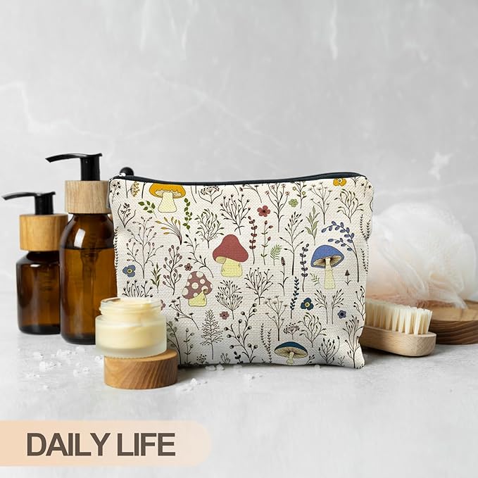 Vintage Colorful Mushroom Makeup Bag, Gifts for Women Lovers, Floral Cosmetic Toiletry Bag, Accessories and Stuff