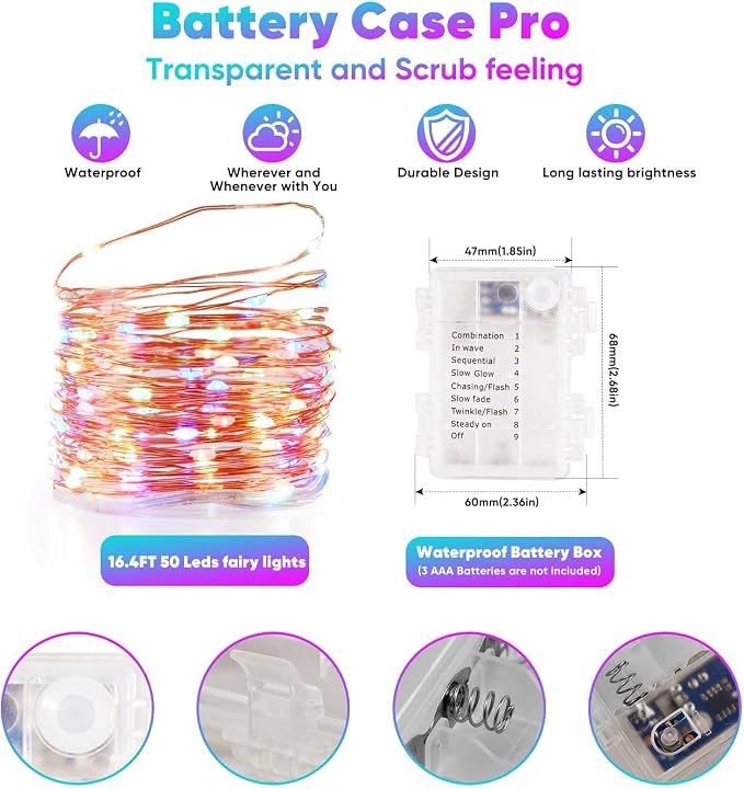 Ariceleo 2 Pack 16.4 Ft. Battery Operated Outdoor String Lights with Remote & Timer, LED Multi Color Fairy Lights, Waterproof Twinkle Lights for Bedroom, Dorm, Mason Jar, Wedding, Party, Christmas