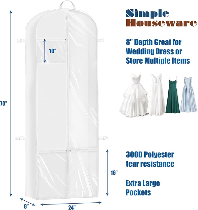 Simple Houseware 70-Inch Long, 8-Inch Gusseted Wedding Dress Garment Bag with Pockets, White