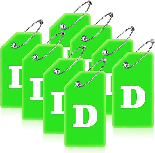 Gostwo 8 Pack Luggage Tags for Suitcases, 26 Initial Letter Travel Luggage Baggage Identification Labels ID Tags Fully Bendable Tags with Stainless Steel Loop (Letter D, Green)