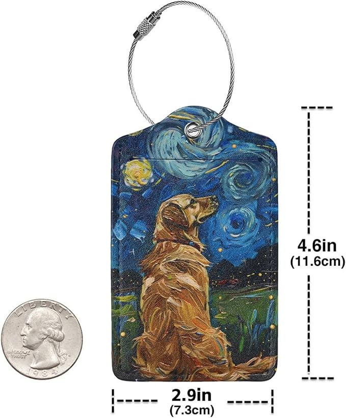 2 Pack Luggage Tags for suitcases Starry Night Dog TSA Approved Label Luggage Tag Baggage Tag Leather Stainless Steel Loop Label Tag for Men Women Travel Bag Suitcase