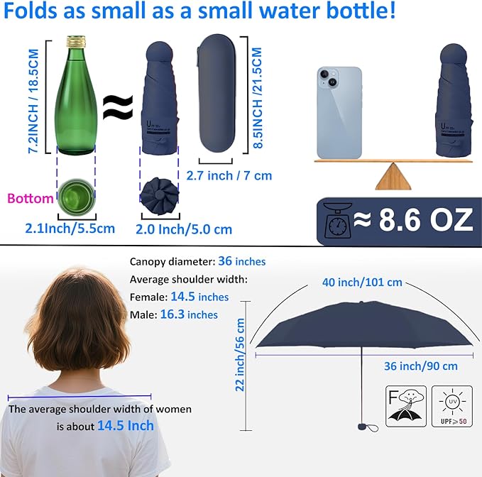 BAODINI Travel Essentials Mini Umbrella for Purse With Case Small Compact UV Sun Protection Lightweight Tiny Pocket Manual Open Close Umbrella for Women Kids and Men Fits Purse Backpack