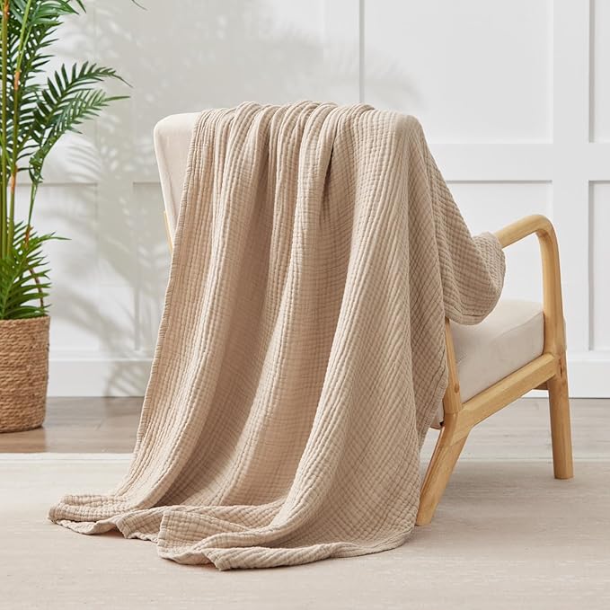 100% Cotton Muslin Blanket 40" x 40", Breathable and Lightweight Cotton Throw Blankets, Soft Cooling Summer Gauze Blanket for All Season, Beige