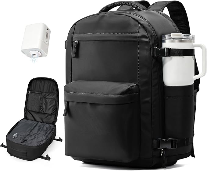 VECAVE Vacuum Travel Backpack with Pump for Women, Personal Item Carry on Backpacks Flight Approved for Men,Laptop Waterproof Work Compression bags Casual Daypack Black..