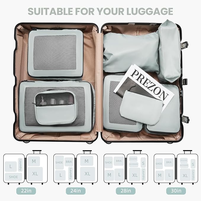 Mesh Packing Cubes for Travel, Durable Luggage Organizer with Sturdy Material and Double Zippers, Comprehensive Set for Travel Accessories Storage, 8 set, mint