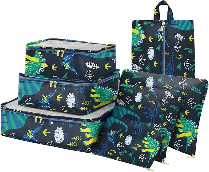 Packing Cubes for Kids 7 Set Travel Luggage Organizers for Suitcase Travel Accessories with Shoe Bag for Women Girls Cute Aesthetic Art-Green Dinosaur
