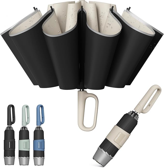 QWB TUMAAOTU Inverted Umbrella with Carabiner Handle, Compact Wind Proof Umbrellas For Rain and Sun Protection, Portable Reverse Folding Umbrella, Car Umbrella for Women Men, 10 Ribs