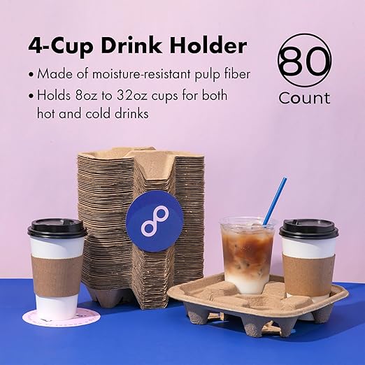 FMP Brands 4 Cup Disposable Drink Carrier Trays, 80 Pack Compostable Pulp Fiber Cup Holder for 8-32 oz Cup, Durable to Go Coffee Cup Holders for Delivery Service, Uber Eats