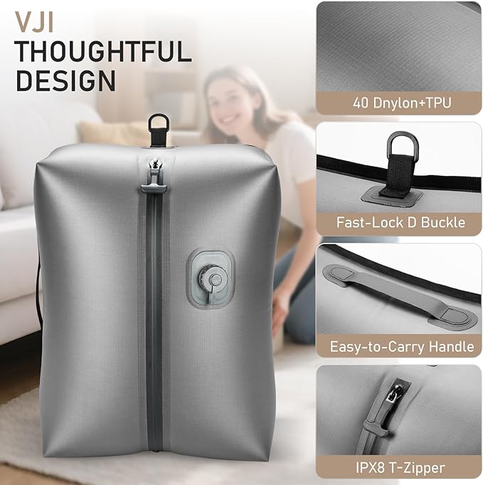 VJI Reusable Vacuum Bag for Travel, IPX8 Waterproof Compression Storage Bag for Luggage and Closet, Space Saving and Leakproof Packing Organizer (Grey, With pump)