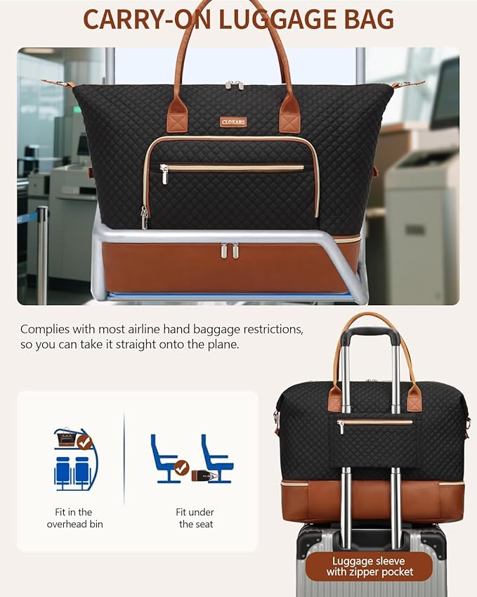 Large Women Travel Duffle Bag, Weekender Bag Overnight Bag with Shoe Compartment, Carry on Bag with Crossbody Purse for Over Night, Weekend, Yoga, Gym, Business Trips, Hospital, Black Brown