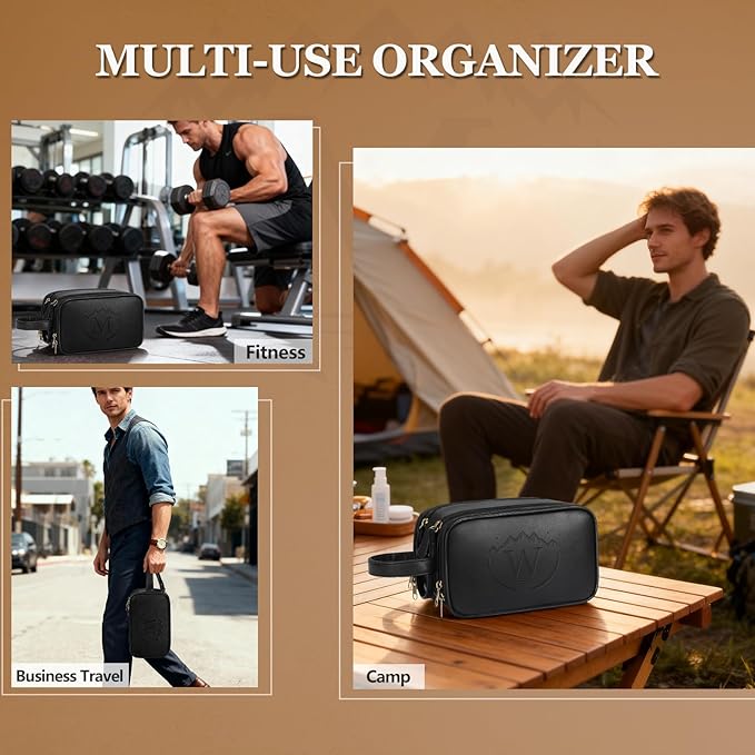 Travel Toiletry Bag for Men,Mens Shaving Bags for Toiletries,Men's Toiletry Travel Bag PU Leather,Personalized Travel Essentials,Birthday Gifts For Men,Black- W