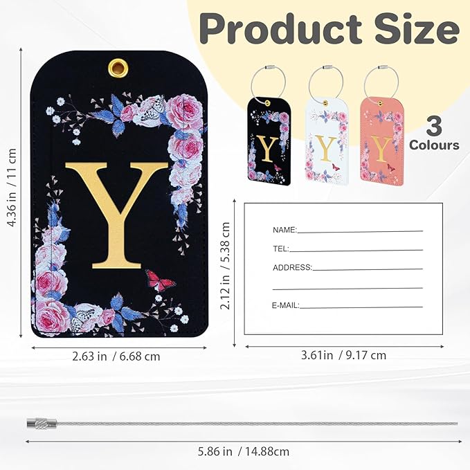 3 Pack Luxury Floral Luggage Tags, Durable PU Leather Suitcase Tags with Stainless Steel Cable Strap, Hidden ID Slot for Privacy Protection, Easy to Identify Waterproof Travel Accessories Gift (Y)
