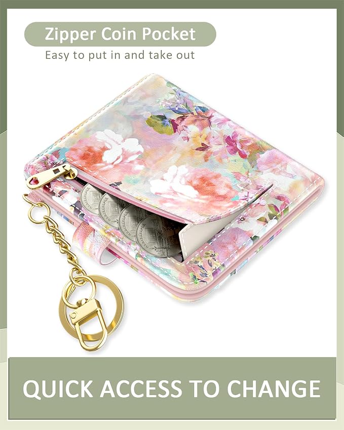 Aiawoxc Womens Wallet, RFID Small Wallets for Women, Slim Compact Credit Card Holder, Cute Leather Bifold Ladies Purse with Zipper Coin Pocket and ID Window, Watercolor Flowers