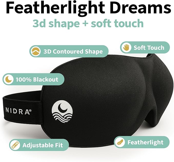 Nidra Contoured Sleep Mask for Side Sleepers – Zero Pressure Fit, Light Blocking Eye Shade for Sleeping & Travel – Blue, Standard Size