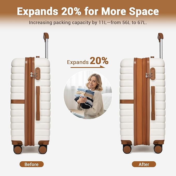 Kono Expandable 24 Inch Luggage with Spinner Wheels, Medium Checked Luggage with Lock, Lightweight & Anti-Scratch PC+ABS Hardshell Travel Suitcase, White/Brown