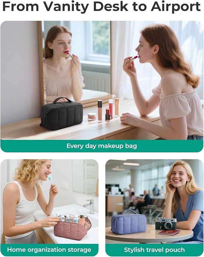 BAGSMART Travel Makeup Bag for Women, Portable Water-resistant Cosmetic Case, Puffy Padded Make Up Organizer Pouch, Open Flat Toiletry Bag for Toiletries, Brushes, Brown