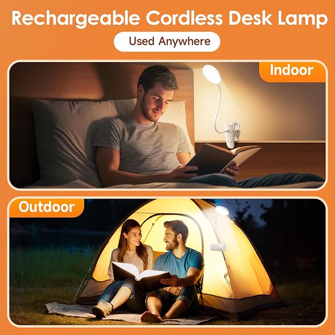 Mubarek Desk Light,3600mAh Battery Operated Light,5 Brightness+5 Color Clip on Reading Lamp,400LM 36 LED Desk Lamp with Clamp,Rechargeable Lamps Cordless Lamps, Reading Lights for Books in Bed,Table