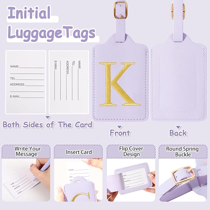 Personalized Initial Luggage Tags for Suitcases, Cute PU Leather Embroidered Letter Travel Luggage Tags, Suitcase Identifier Name Baggage Tag, Bag Tags for Men Women Kids Luggage Handbags(Purple K)