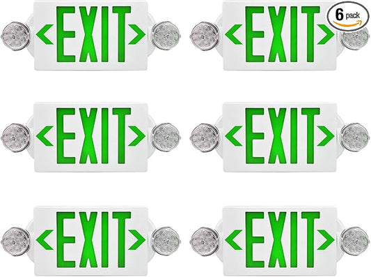 LED Emergency Light & Exit Sign Combo, Green Exit Sign, UL Certified Emergency Exit Light, Adjustable Lamps with Back-up Battery for Business (Green, 6 Pack)