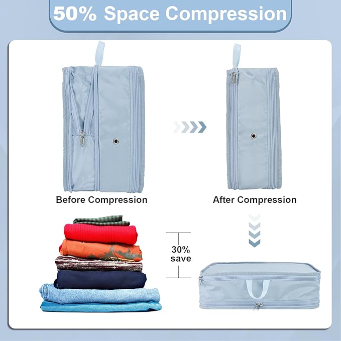 Compression Packing Cubes, 2pc Compression bags for Travel Packing Organizer, Expandable Compression Cubes for Travel, Light Blue