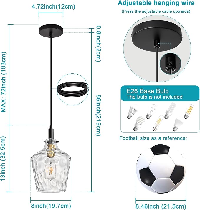 Hammered Glass Pendant Light for Kitchen Island 1 Pack Black Gold 8 Inch | Adjustable cord Dimmable, E26 bulbs, Rust-resistant Damp Rated For Bathrooms, 5-Year Manufacturer Warranty, UL Certification