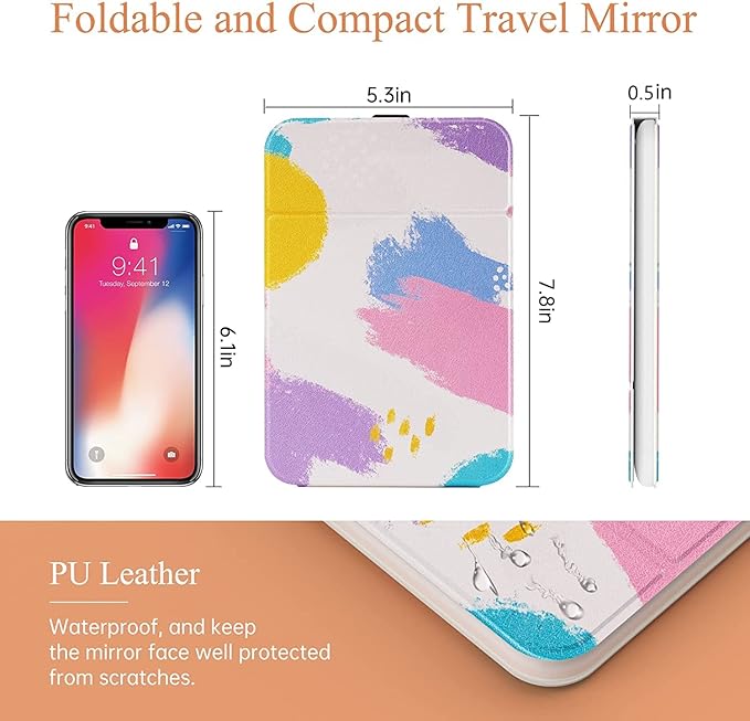 Rechargeable Travel Lighted Makeup Vanity Mirror with PU Leather Cover, Portable Travel Makeup Mirror with Lights, 3 Color Lighting,Touch Sensor Dimmable, Light Up Tabletop Cosmetic Mirror Folding