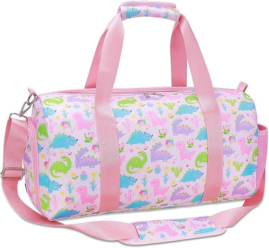 Gym Travel Duffle Bag for Girls - Gymnastics Sports Dance Bag with Shoe Compartment & Wet Pocket Dinosaur Kids Travel Bag Teens Weekender Sleepover Carry On Bag
