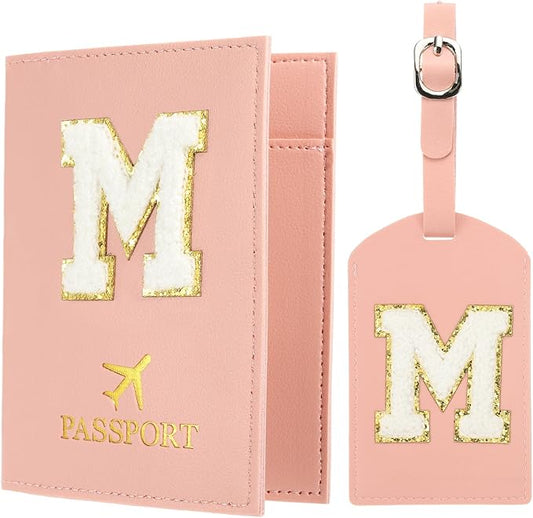 PATIKIL Passport Holder for Travel, Initial Passport Cover and Luggage Tag Set with Alphabet Chenille Letter Patch Travel Wallet Bag Suitcase Identifier for Women Family Travel Pink M