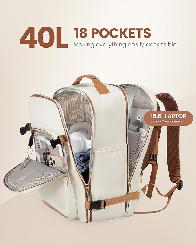 LOVEVOOK Travel Backpack for Women & Men 40L,Airline Approved Carry On Backpack Travel Essentials,TSA Carry on Luggage,Waterproof Personal Item Travel Bag,Suitcase with 3 Packing Cubes,Beige-Brown