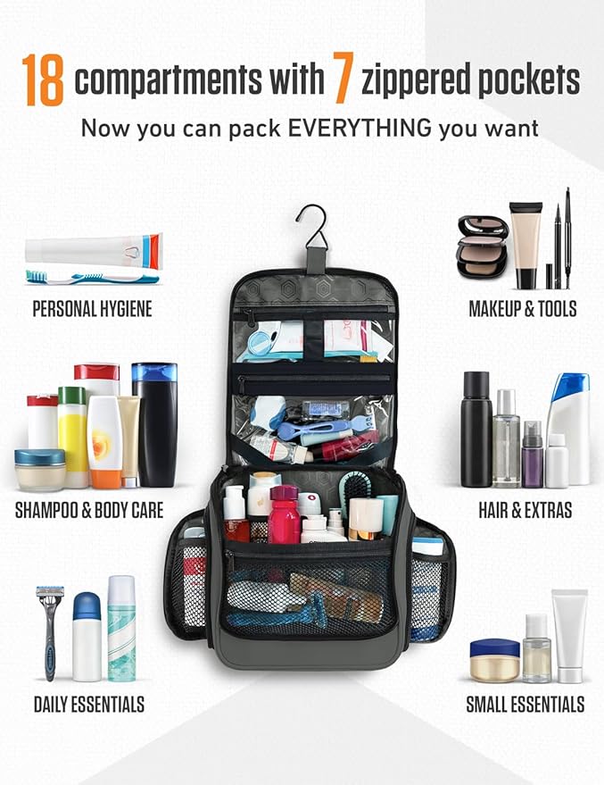 VENTURE 4TH Hanging Travel Toiletry Bag for Women & Men – Large Toiletry Organizer with 18 Compartments, Removable TSA Pouch, Travel Wash Bag for Toiletries, Makeup & Shaving Kit (Shadow Gray)