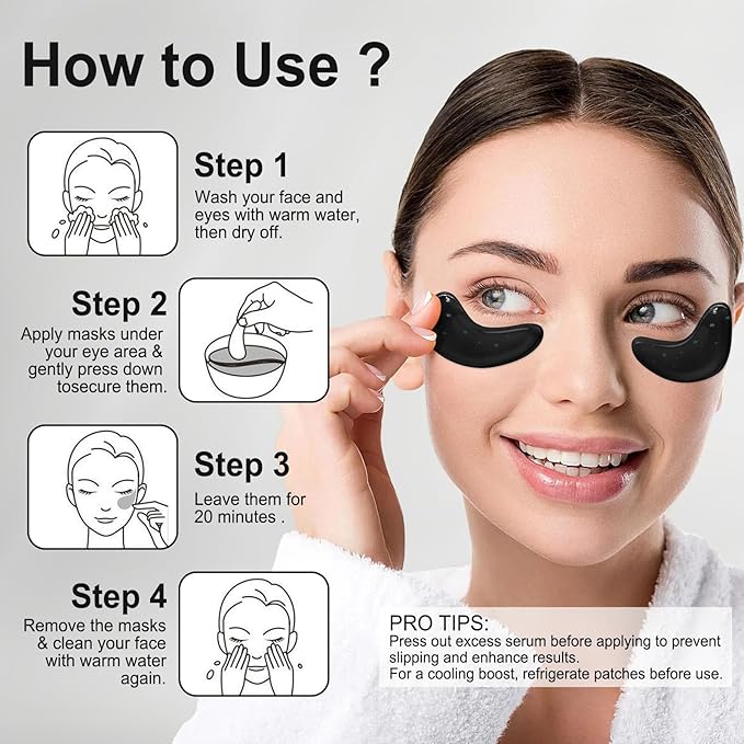 Eye Mask - 30 Pairs Bamboo Charcoal Under Eye Patches Skin Care Products - Eye Masks Skincare for Dark Circles and Puffiness, Reduce Wrinkles, Eye Bags and Fine Lines, for Women and Man - Black