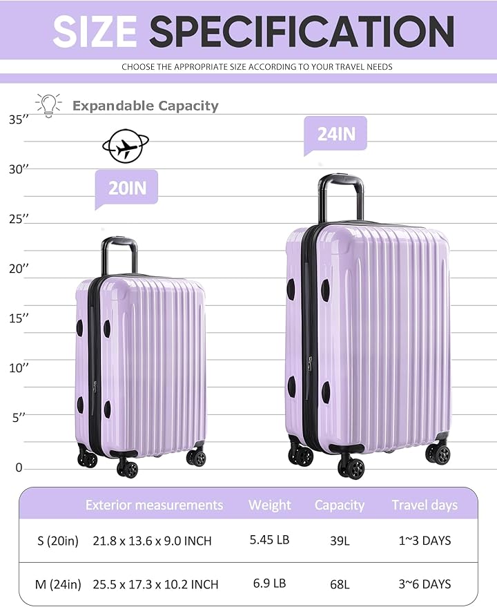 Carry on Luggage - Airline Approved Suitcases with Spinner Wheels, Built-In TSA Lock，Hard Shell Expandable Suitcases