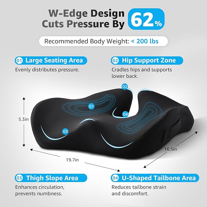 BRO Extra Large Office Chair Cushion for Sciatica Pain Relief: Memory Foam Seat Cushion for Tailbone Pain Relief Support for Long Sitting - 2 × Removable Covers with Handle - Car/Office/Home Use