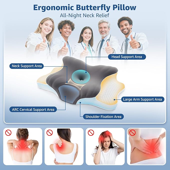 Cervical Pillow for Neck Support: Contour Memory Foam Pillow for Side Back Stomach Sleepers - Ergonomic Neck Pillow with 2 Heights & Widened Armrest Design