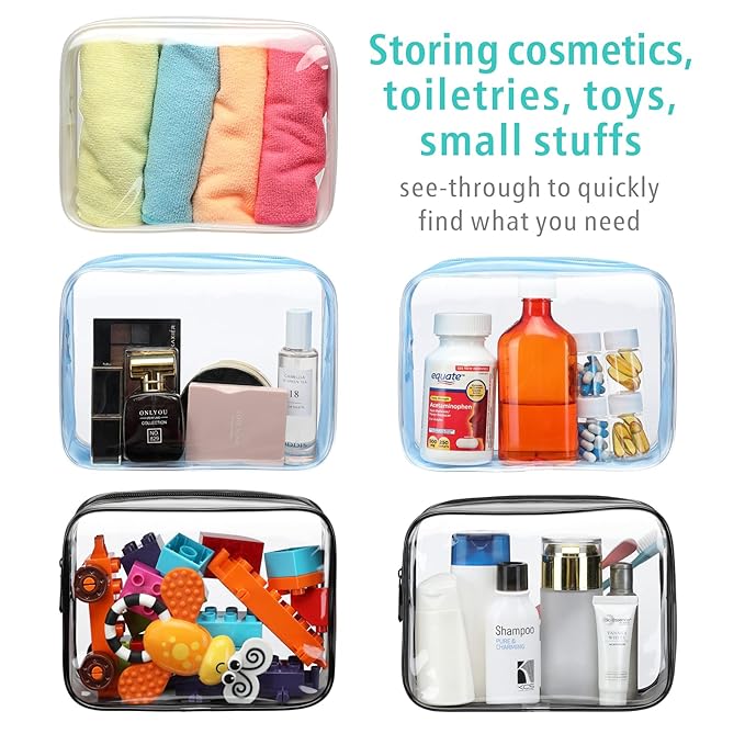 F-color TSA Approved Toiletry Bag 3 Pack Medium - Clear Makeup Bag Travel Quart Size for Women Men, Clear Cosmetic Bag Airport Airline Compliant Carry on Bag, Matte Black White Blue