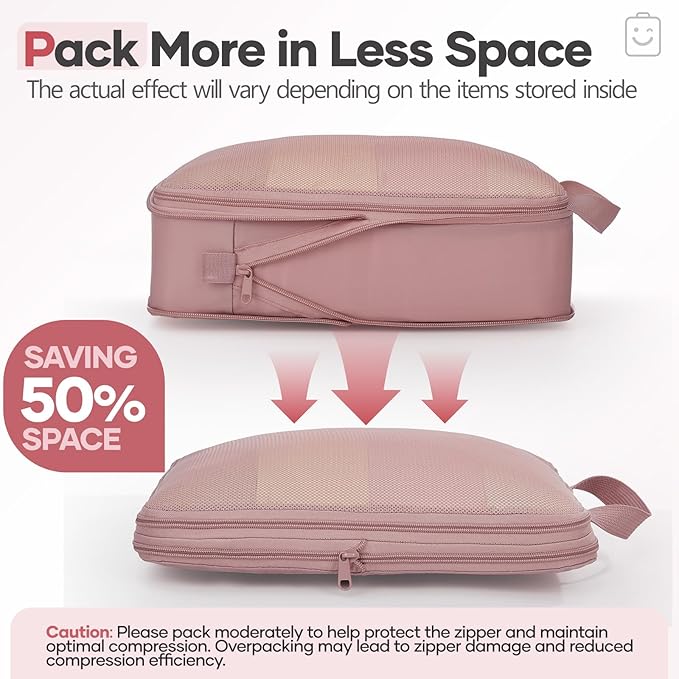 Veken 9/11 Set Compression Packing Cubes for Travel Essentials,Compressible Expandable Large Luggage Organizer Bags for Clothing,Durable Space Saver Storage Bags with Toiletry Bags(Light Coral)