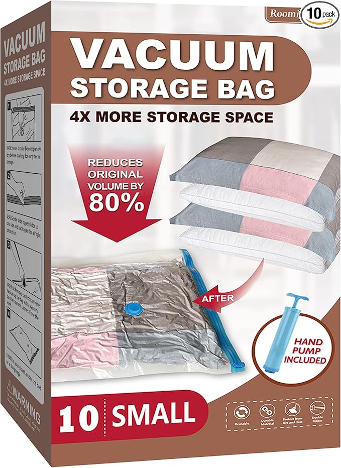 Vacuum Storage Bags, Vacuum Seal Space Saver Bags for Clothing, Travel Lugggage, Carry-on, Blankets, Comforters,Pillow, Bedding, 10 Small